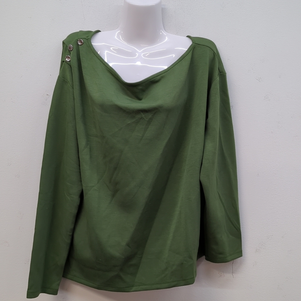 BEAUTIFUL By Lawrence Zarian Asymmetric Boatneck One Drop Shoulder Top L Green